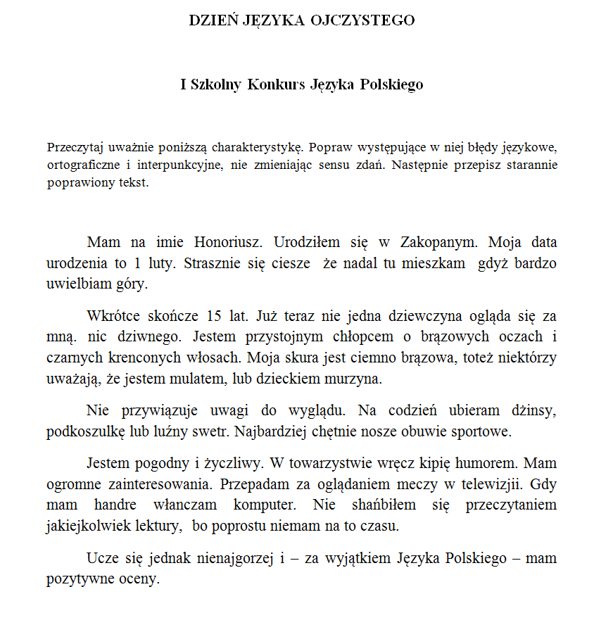 I Szkolny Konkurs Jzyka Polskiego - tekst